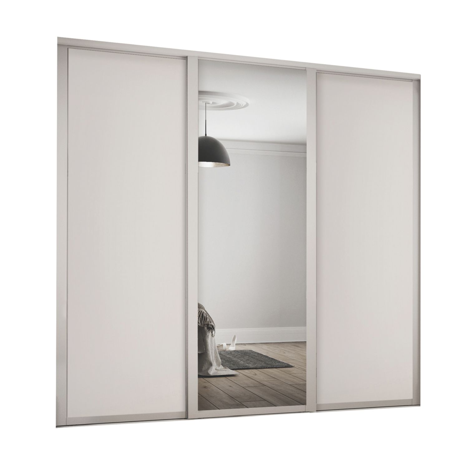 Spacepro Shaker 3-Door Sliding Wardrobe Door Kit Cashmere Frame Cashmere / Mirror Panel 2592mm x 2260mm (945GP)