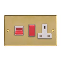 Varilight  45A 2-Gang 2-Pole Cooker Switch & 13A DP Switched Socket Polished Brass  with White Inserts