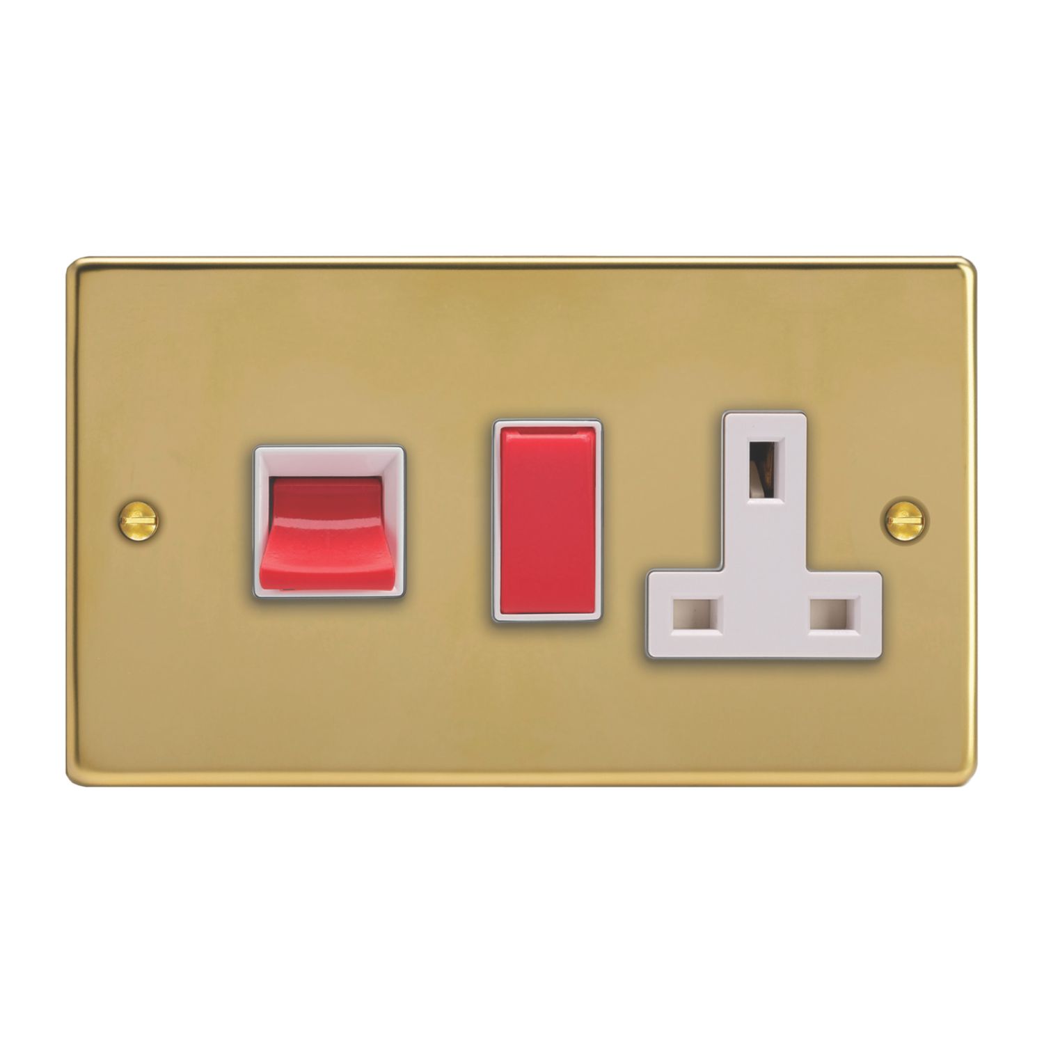 Varilight 45A 2-Gang 2-Pole Cooker Switch & 13A DP Switched Socket Polished Brass with White Inserts (946EA)