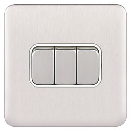 Schneider Electric Lisse Deco 10AX 3-Gang 2-Way Light Switch  Brushed Stainless Steel with White Inserts