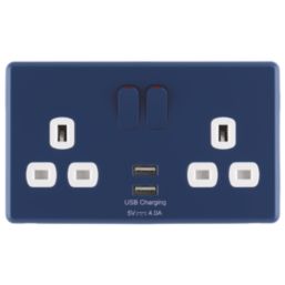 Arlec  13A 2-Gang SP Switched Socket + 4A 15W 2-Outlet Type A USB Charger Blue with White Inserts