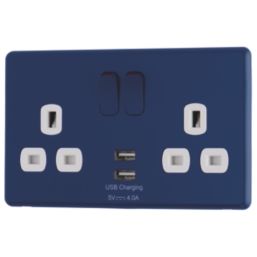 Arlec  13A 2-Gang SP Switched Socket + 4A 15W 2-Outlet Type A USB Charger Blue with White Inserts