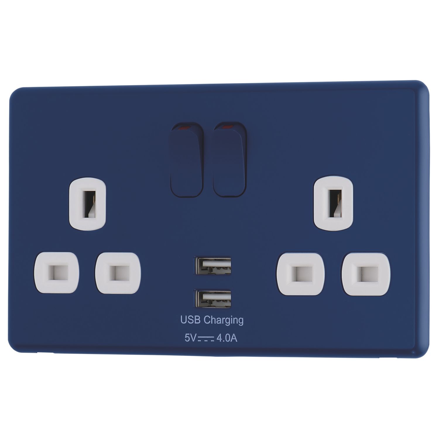 Arlec 13A 2-Gang SP Switched Socket + 4A 15W 2-Outlet Type A USB Charger Blue with White Inserts (946RU)