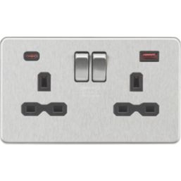 Knightsbridge Screwless 13A 2-Gang DP Switched Socket + 2.25A 45W 2-Outlet Type A & C USB Charger Brushed Chrome with Black Inserts