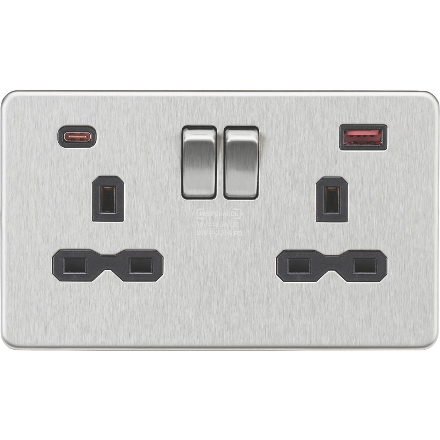 Knightsbridge Screwless 13A 2-Gang DP Switched Socket + 2.25A 45W 2-Outlet Type A & C USB Charger Brushed Chrome with Black Inserts (946YA)
