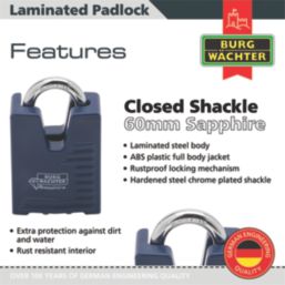 Burg-Wachter Sapphire   Closed Shackle  Laminated Padlock Blue 50mm