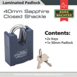 Burg-Wachter Sapphire   Closed Shackle  Laminated Padlock Blue 50mm