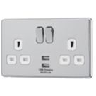 Arlec  13A 2-Gang SP Switched Socket + 4A 15W 2-Outlet Type A USB Charger Polished Chrome with White Inserts