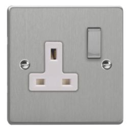 Varilight  13A 1-Gang 2-Pole Switched Socket Brushed Steel  with White Inserts