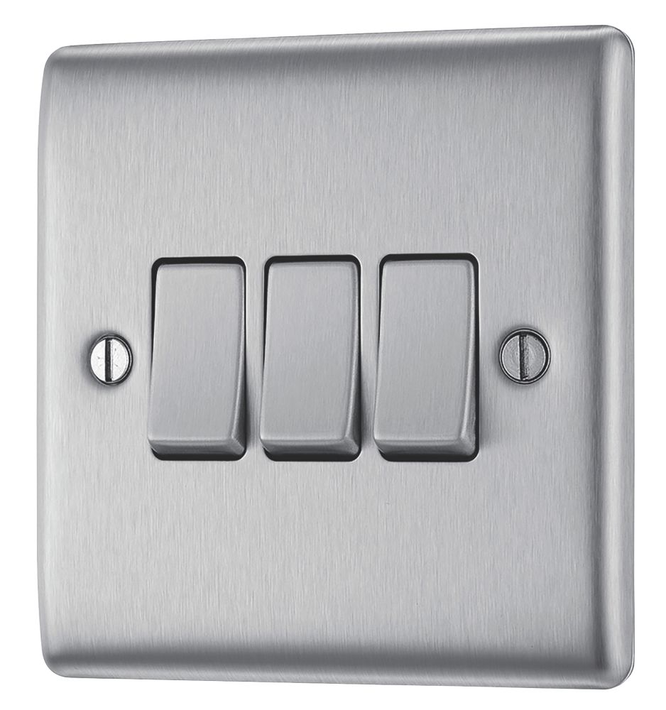 British General Nexus Metal 10AX 3-Gang 2-Way Light Switch  Brushed Steel