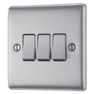 British General Nexus Metal 10AX 3-Gang 2-Way Light Switch  Brushed Steel