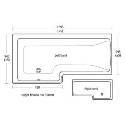 Ideal Standard Concept Space Shower Bath Left-Hand Acrylic No Tap Holes 1700mm