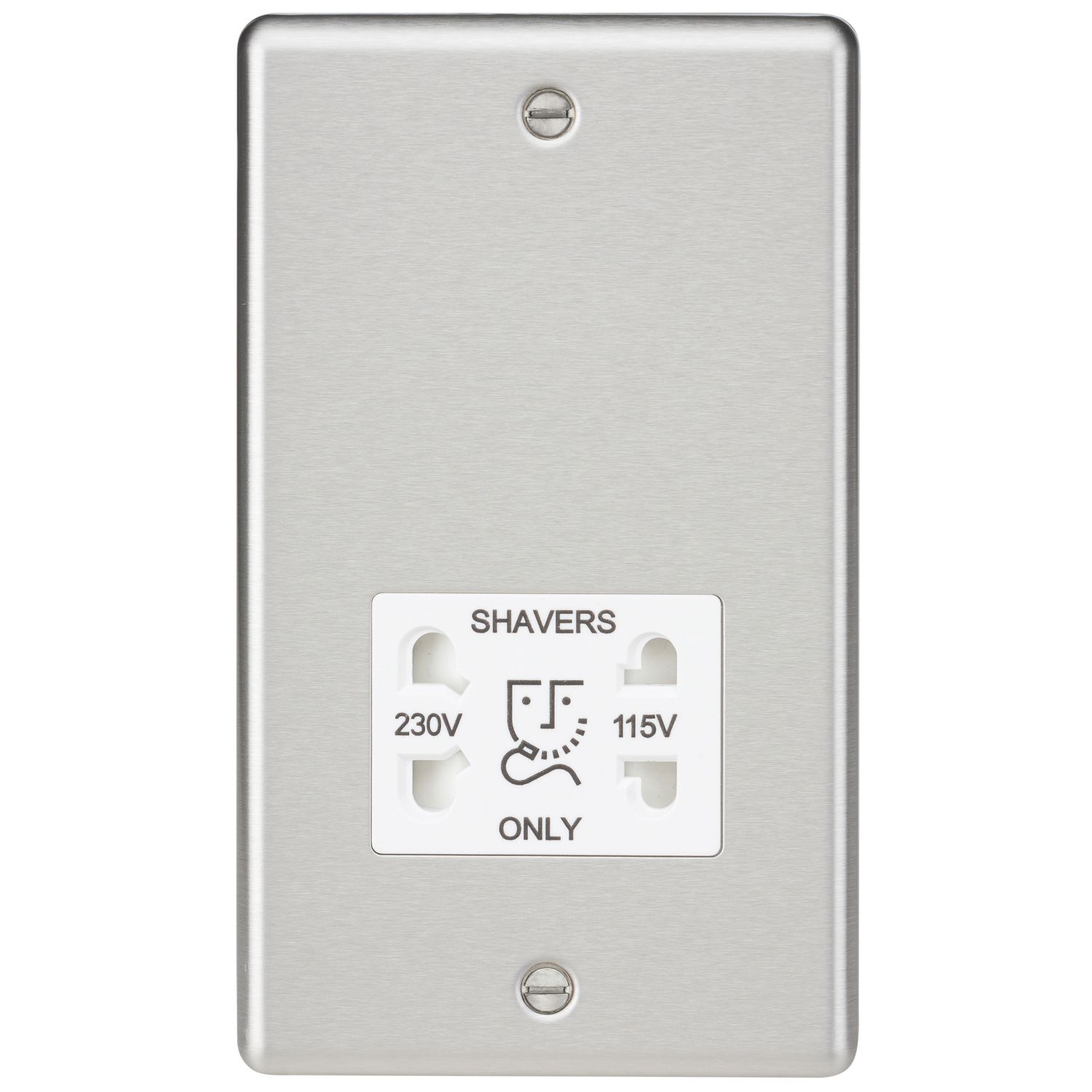 Knightsbridge 2-Gang Dual Voltage Shaver Socket 115 V / 230V Brushed Chrome with White Inserts (953TX)