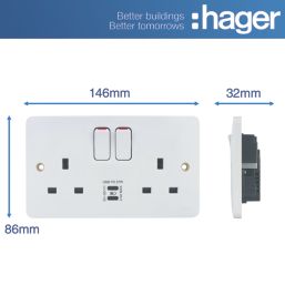 Hager Sollysta WMSS82-USBCC 13A 2-Gang 2P+E Switched Socket + 3.1A 27W 2-Outlet Type C USB Charger White