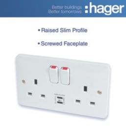 Hager Sollysta WMSS82-USBCC 13A 2-Gang 2P+E Switched Socket + 3.1A 27W 2-Outlet Type C USB Charger White
