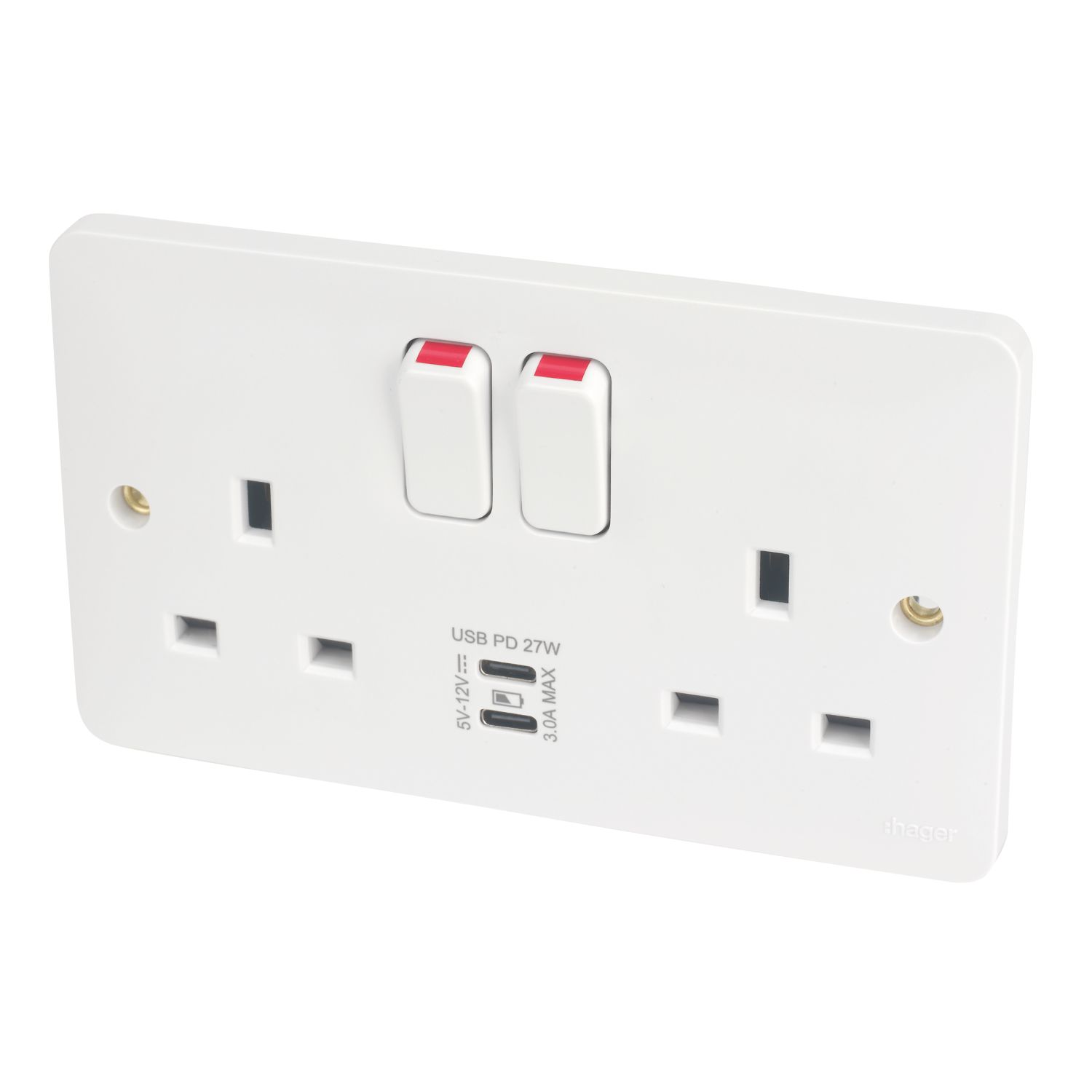 Hager Sollysta WMSS82-USBCC 13A 2-Gang 2P+E Switched Socket + 3.1A 27W 2-Outlet Type C USB Charger White (954AM)