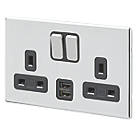 MK Aspect 13A 2-Gang DP Switched Socket + 2A 2-Outlet Type A USB Charger Polished Chrome with Black Inserts