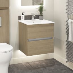 Newland  Double Drawer Wall-Mounted Vanity Unit with Basin Effect Natural Oak 500mm x 450mm x 540mm