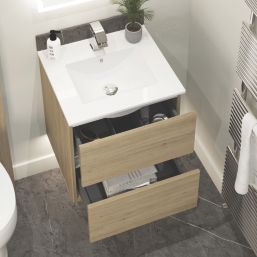 Newland  Double Drawer Wall-Mounted Vanity Unit with Basin Effect Natural Oak 500mm x 450mm x 540mm