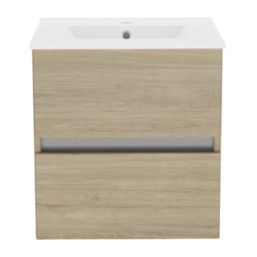 Newland  Double Drawer Wall-Mounted Vanity Unit with Basin Effect Natural Oak 500mm x 450mm x 540mm