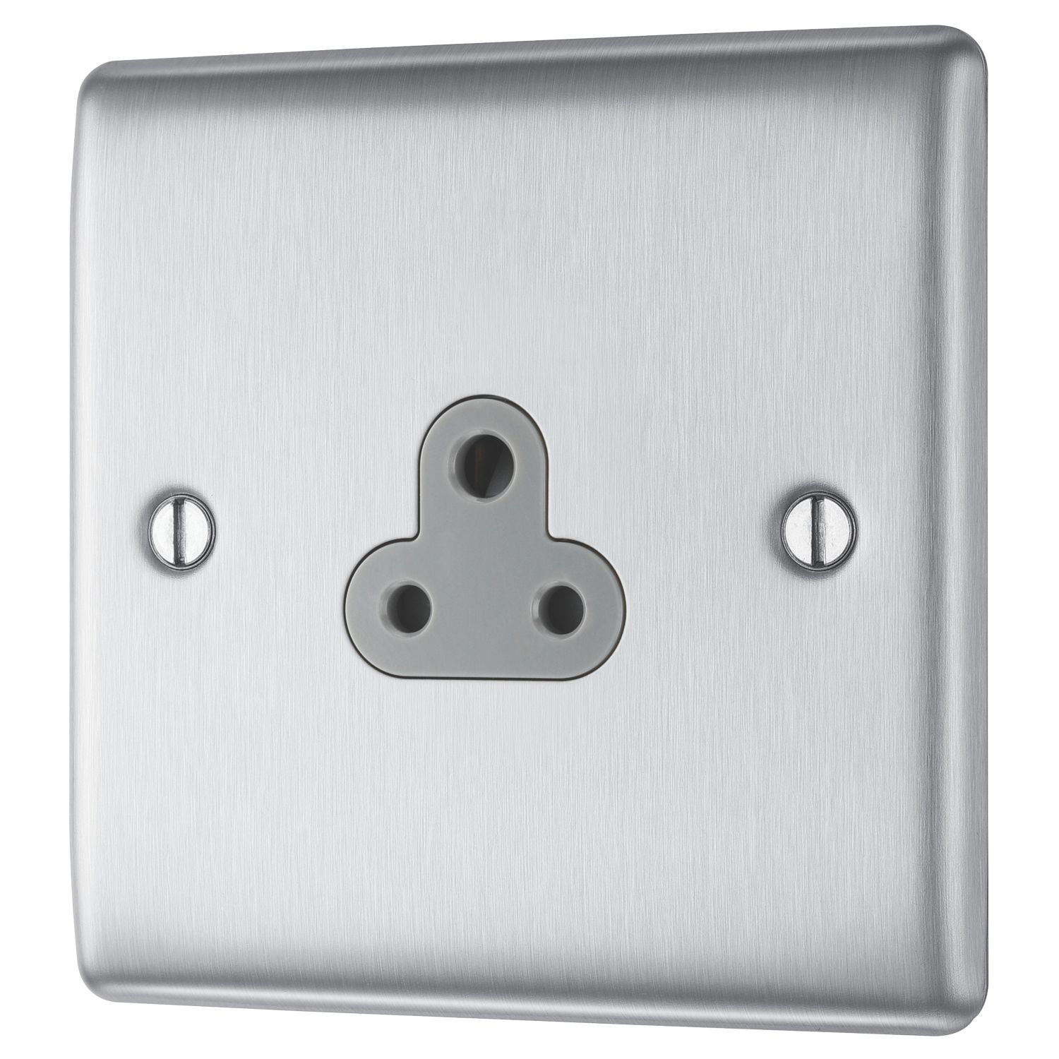 British General Nexus Metal 2A 1-Gang Unswitched Round Pin Socket Brushed Steel with Graphite Inserts (956XG)
