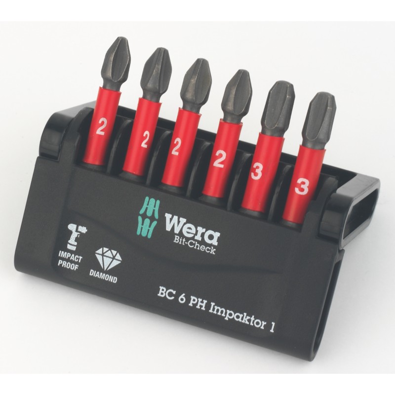 Wera Bit-Check 6 PH Impaktor 1 1/4" Hex Shank Phillips Bit Set 6 Pieces