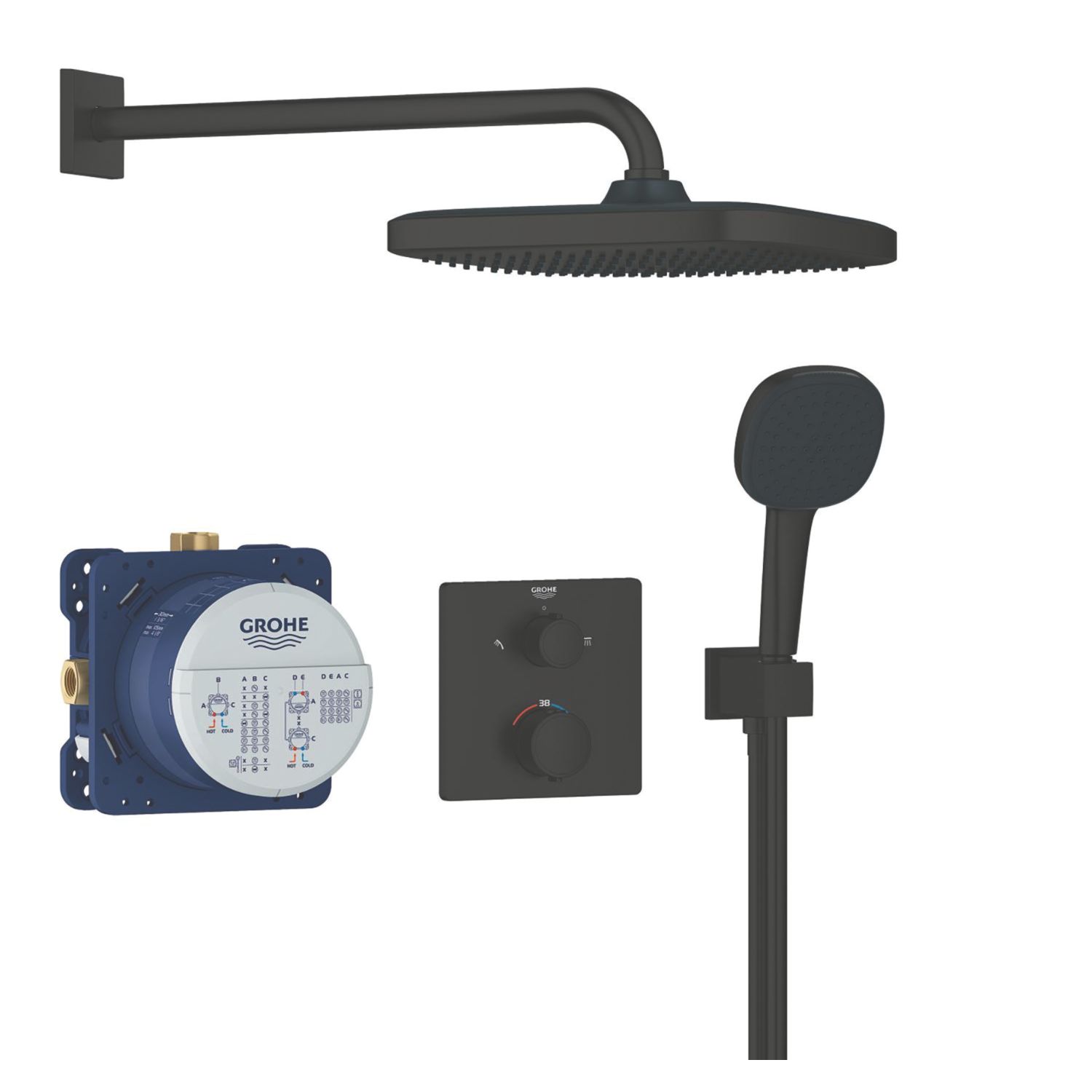 Grohe Precision 250 Cube HP Rear-Fed Concealed Matt Black Thermostatic Shower System (957YX)