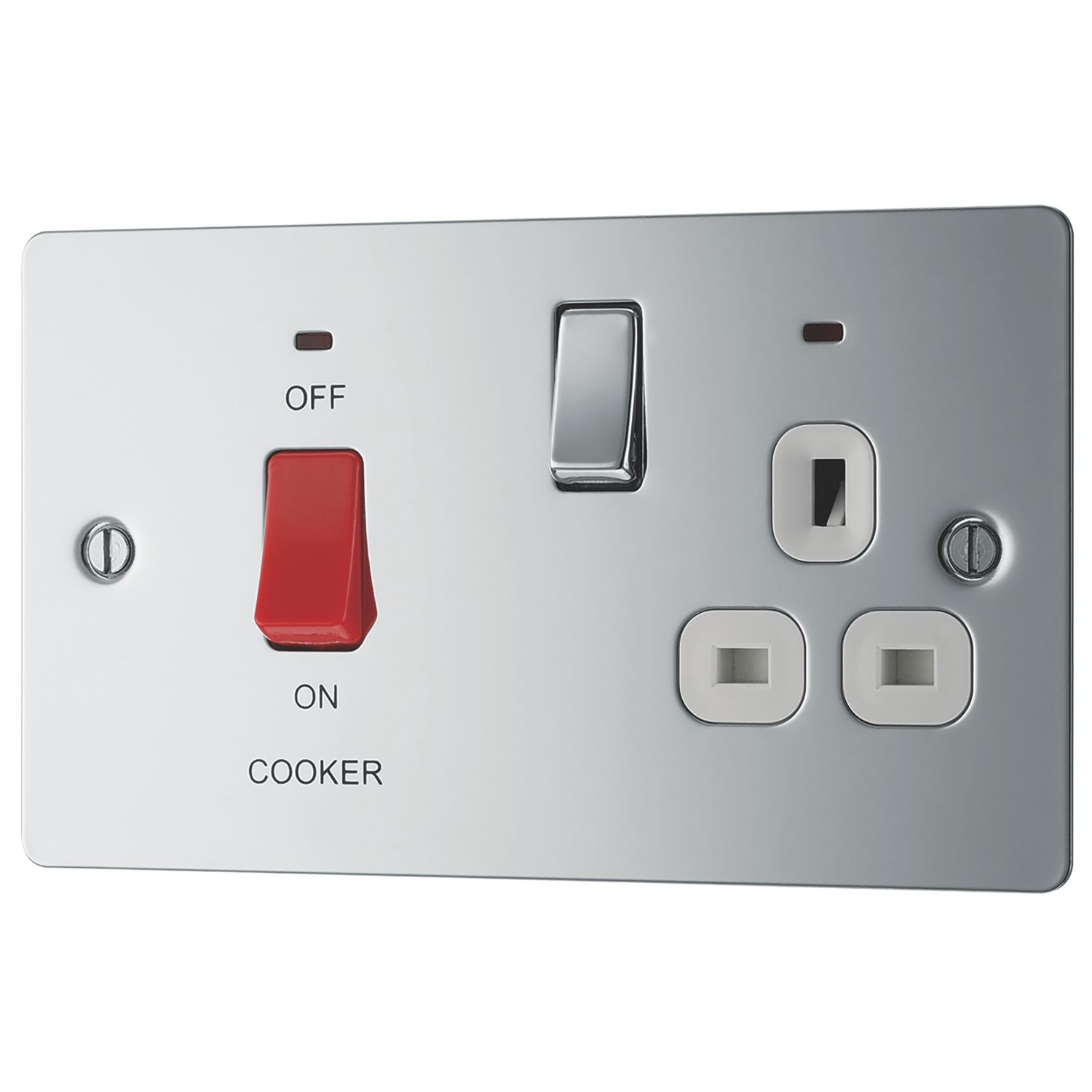 LAP 45A 2-Gang DP Cooker Switch & 13A DP Switched Socket Polished Chrome with LED with White Inserts (95889)