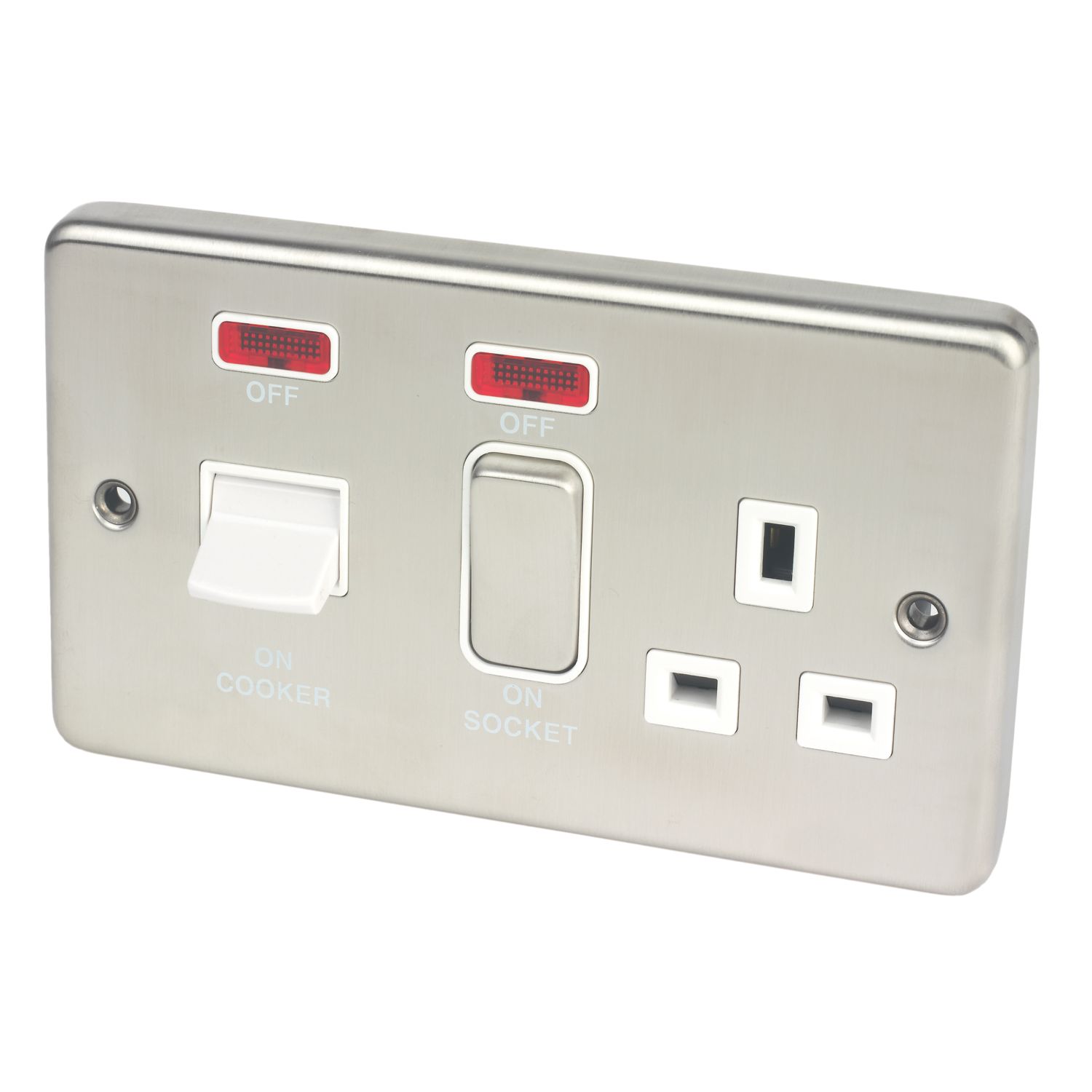Hager Sollysta WRCC50NBSW 45A 1-Gang 2P+E Cooker Switch & 13A DP Switched Socket Brushed Steel with LED with White Inserts (958AM)