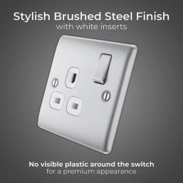 British General Nexus Metal 13A 1-Gang SP Switched Power Socket Brushed Steel  with White Inserts