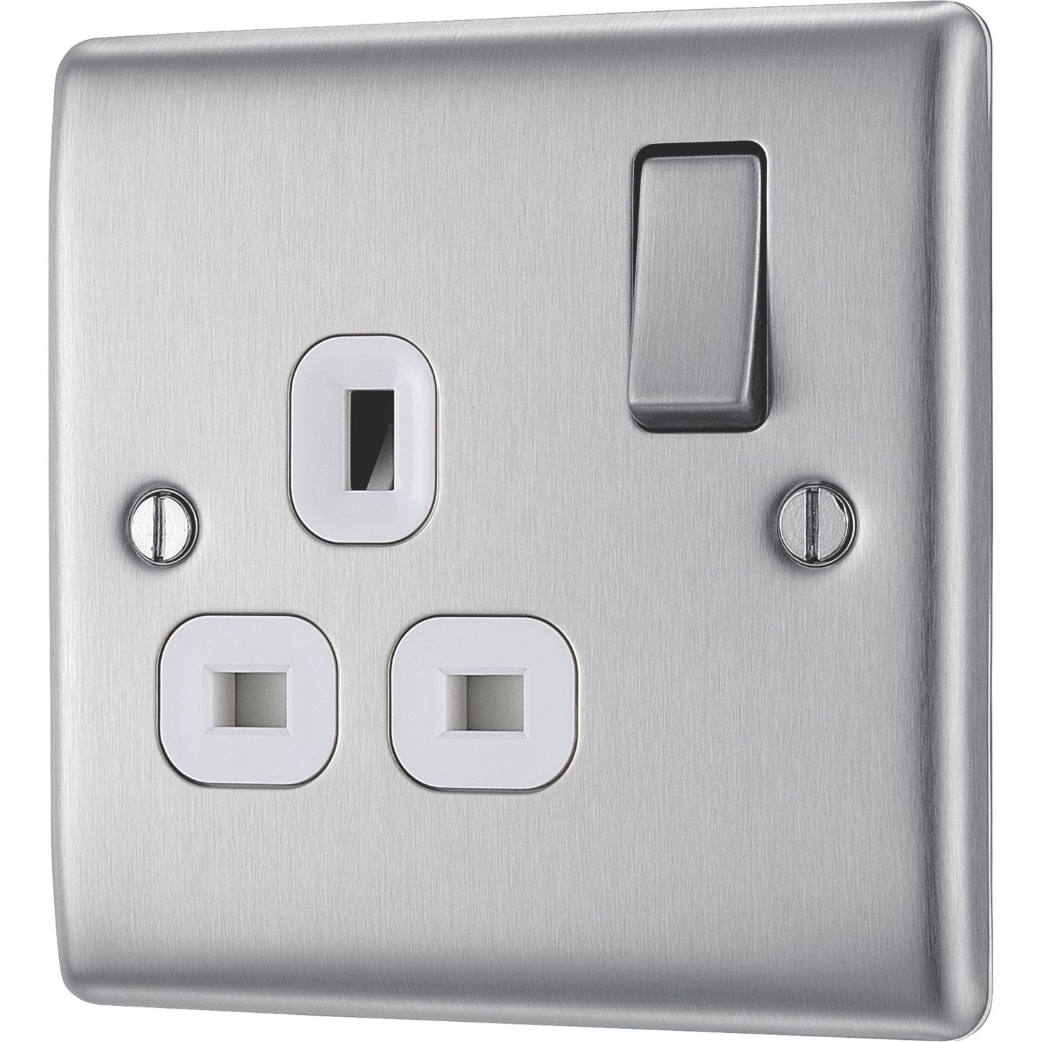 British General Nexus Metal 13A 1-Gang SP Switched Power Socket Brushed Steel with White Inserts (958XF)