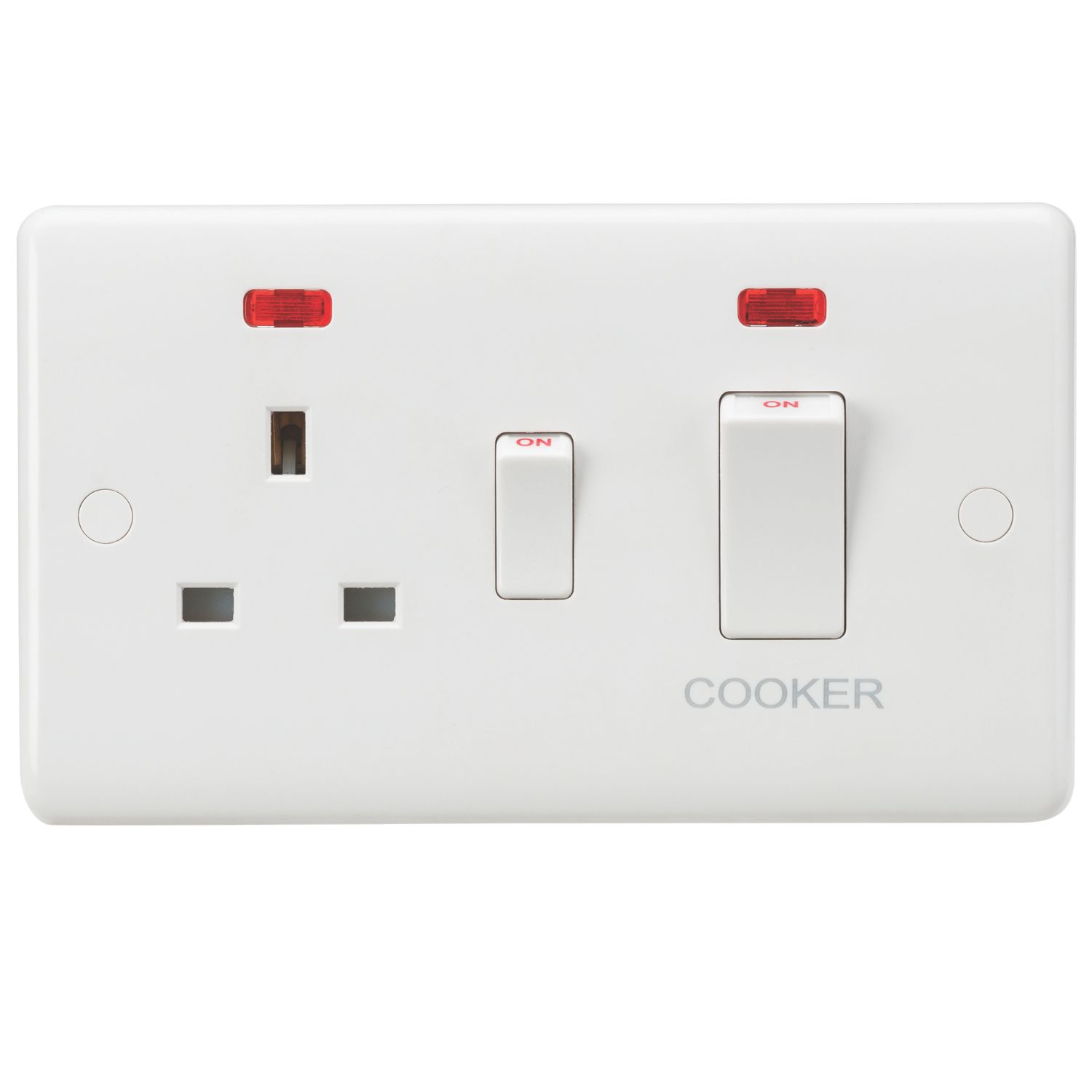 Knightsbridge Curved Edge 45A 2-Gang DP Cooker Switch & 13A DP Switched Socket White with Neon (958YA)