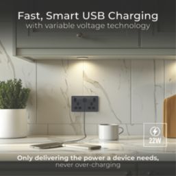 British General Evolve 13A 2-Gang SP Switched Socket + 3A 22W 2-Outlet Type A & C USB Charger Grey with Black Inserts
