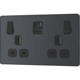 British General Evolve 13A 2-Gang SP Switched Socket + 3A 22W 2-Outlet Type A & C USB Charger Grey with Black Inserts