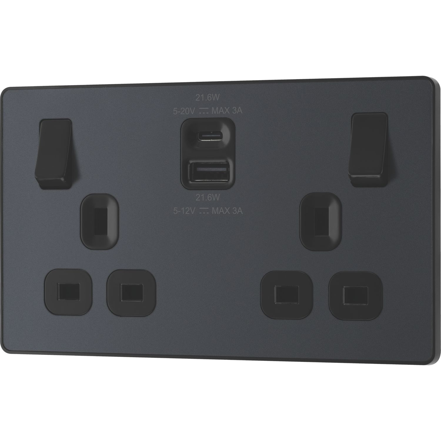 British General Evolve 13A 2-Gang SP Switched Socket + 3A 22W 2-Outlet Type A & C USB Charger Grey with Black Inserts (959YV)