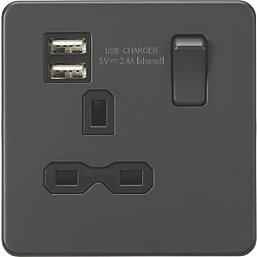 Knightsbridge  13A 1-Gang SP Switched Socket + 2.4A 2-Outlet Type A USB Charger Anthracite with Black Inserts