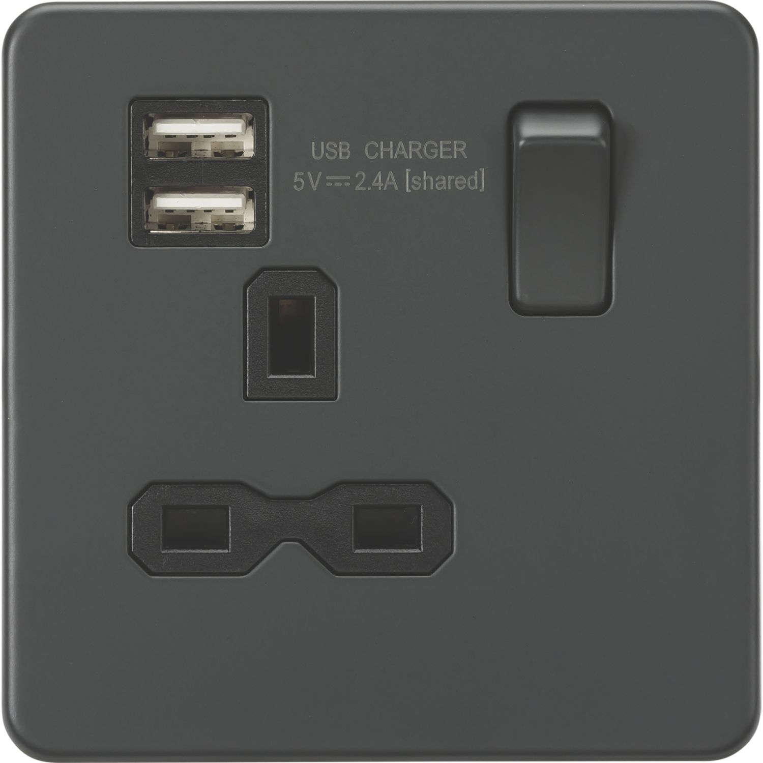 Knightsbridge 13A 1-Gang SP Switched Socket + 2.4A 12W 2-Outlet Type A USB Charger Anthracite with Black Inserts (960TY)