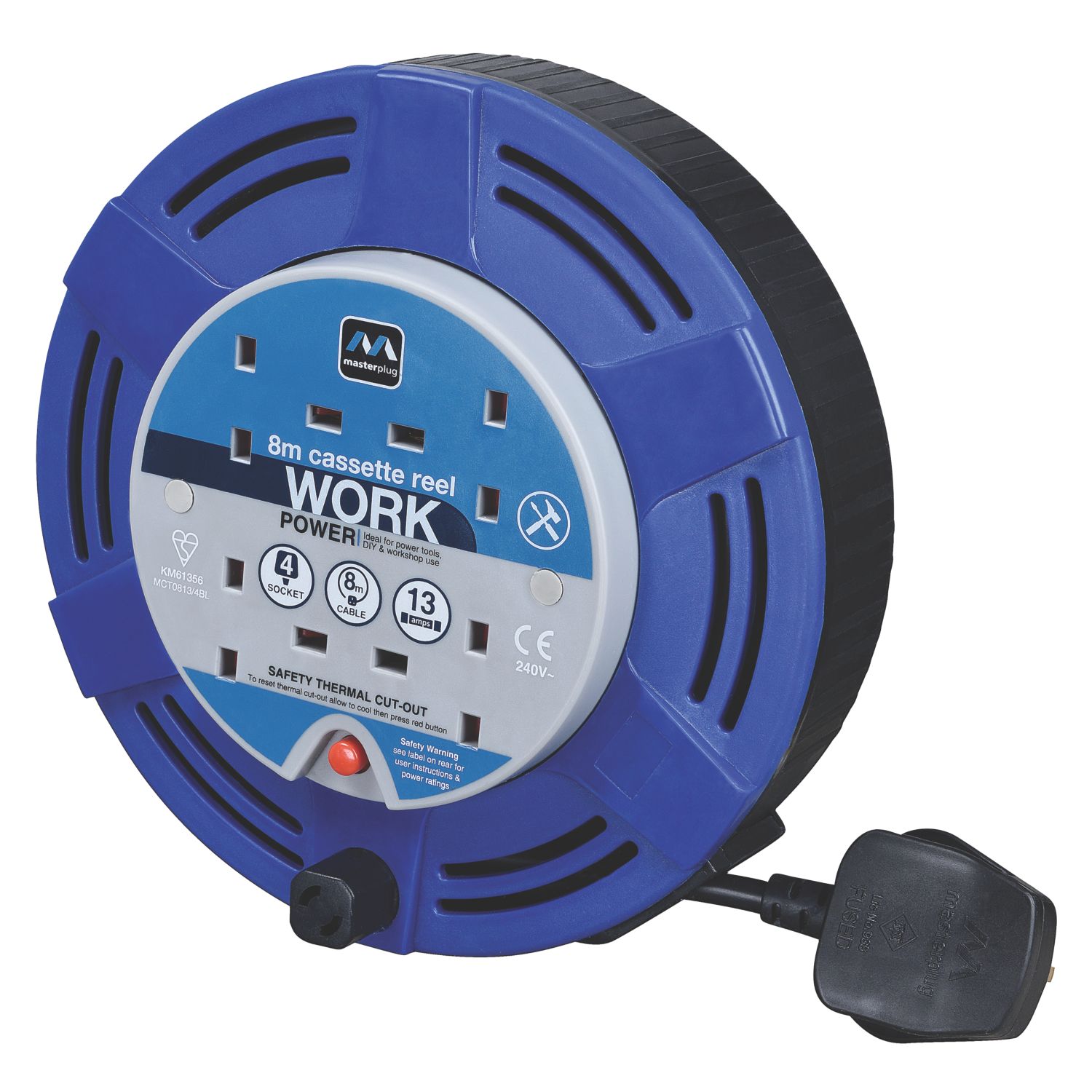 Masterplug Work Power 13A 4-Gang 8m Medium Cassette Cable Reel 240V (961XF)