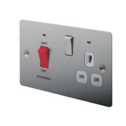 LAP  45A 2-Gang DP Cooker Switch & 13A DP Switched Socket Brushed Stainless Steel with LED with White Inserts