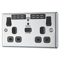 LAP  13A 2-Gang SP Switched Wi-Fi Extender Socket + 2.1A 1-Outlet Type A USB Charger Polished Chrome with Black Inserts