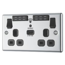 LAP  13A 2-Gang SP Switched Wi-Fi Extender Socket + 2.1A 10.5W 1-Outlet Type A USB Charger Polished Chrome with Black Inserts