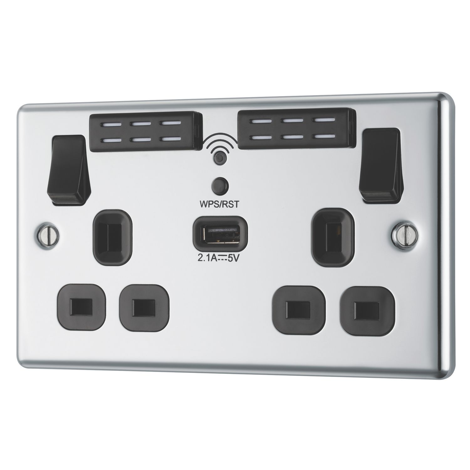 LAP 13A 2-Gang SP Switched Wi-Fi Extender Socket + 2.1A 10.5W 1-Outlet Type A USB Charger Polished Chrome with Black Inserts (964HF)