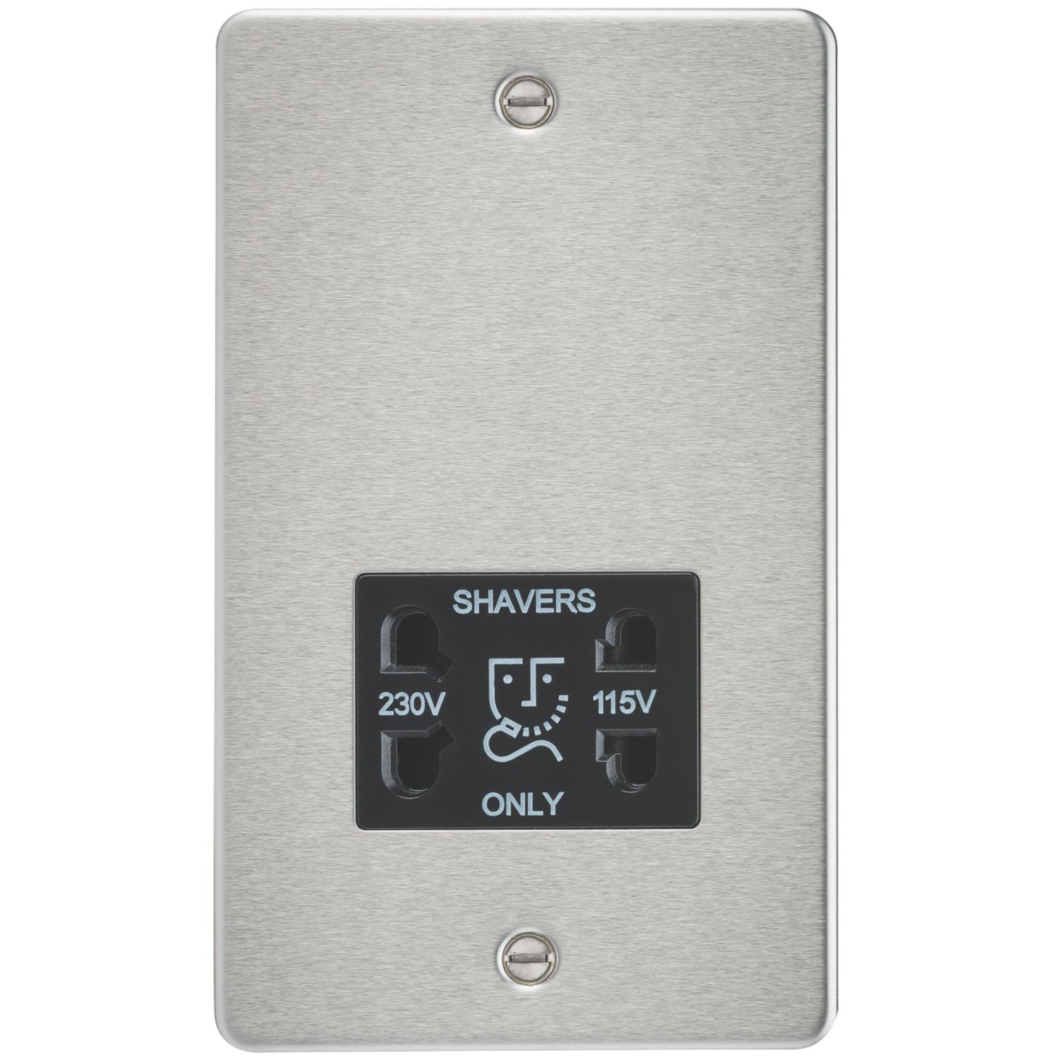 Knightsbridge 2-Gang Dual Voltage Shaver Socket 115 V / 230V Brushed Chrome with Black Inserts (965TX)