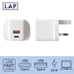 LAP 2-Outlet Type A & C Plug-In USB Adaptor Plug 3A