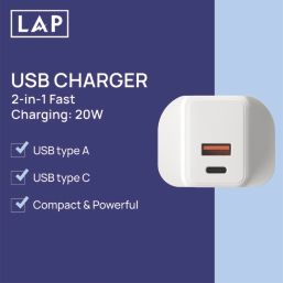LAP 2-Outlet Type A & C Plug-In USB Adaptor Plug 3A