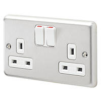 MK Albany Plus 13A 2-Gang DP Switched Plug Socket Brushed Stainless Steel  with White Inserts