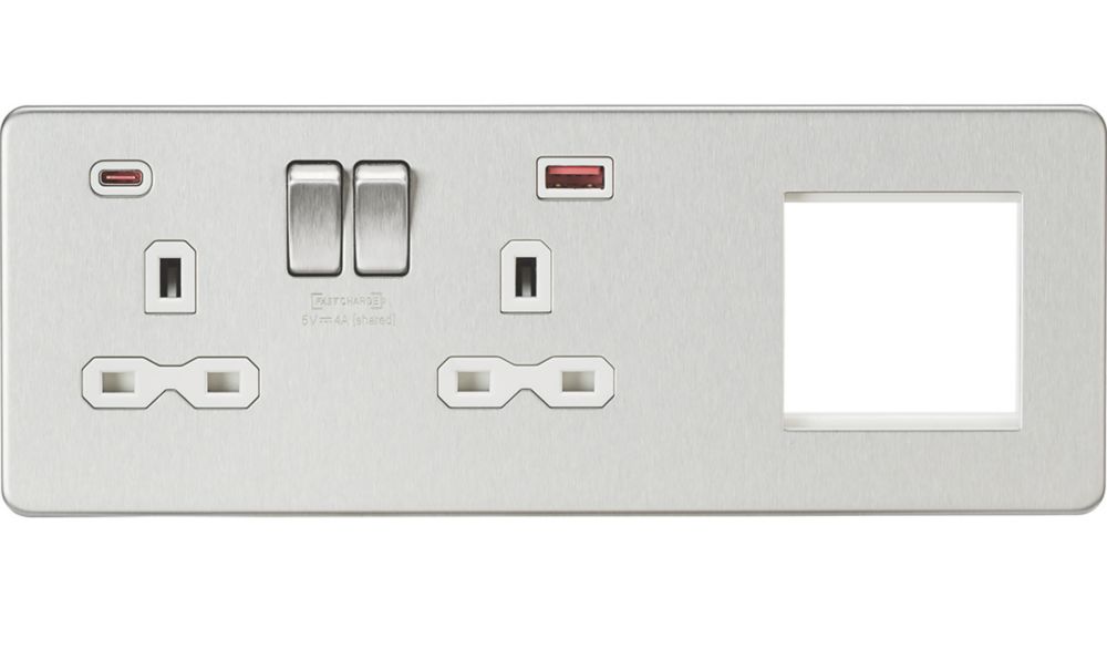 Knightsbridge SFR992LBCW 13A 2-Gang DP Combination Plate + 4.0A 18W 2-Outlet Type A & C USB Charger Brushed Chrome with White Inserts