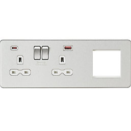 Knightsbridge SFR992LBCW 13A 2-Gang DP Combination Plate + 4.0A 18W 2-Outlet Type A & C USB Charger Brushed Chrome with White Inserts