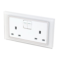 Retrotouch Crystal 13A 2-Gang DP Switched Plug Socket White Glass