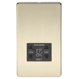 Knightsbridge  2-Gang Dual Voltage Shaver Socket 115 V / 230V Polished Brass with Black Inserts